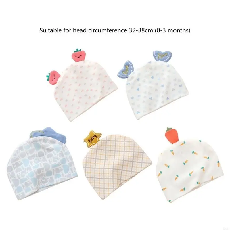 581F Infant Baby Hospital Hat Newborn Ear Boneless Muslin Hat for Infant 0-3M Lovely Print Breathable Baby Hat