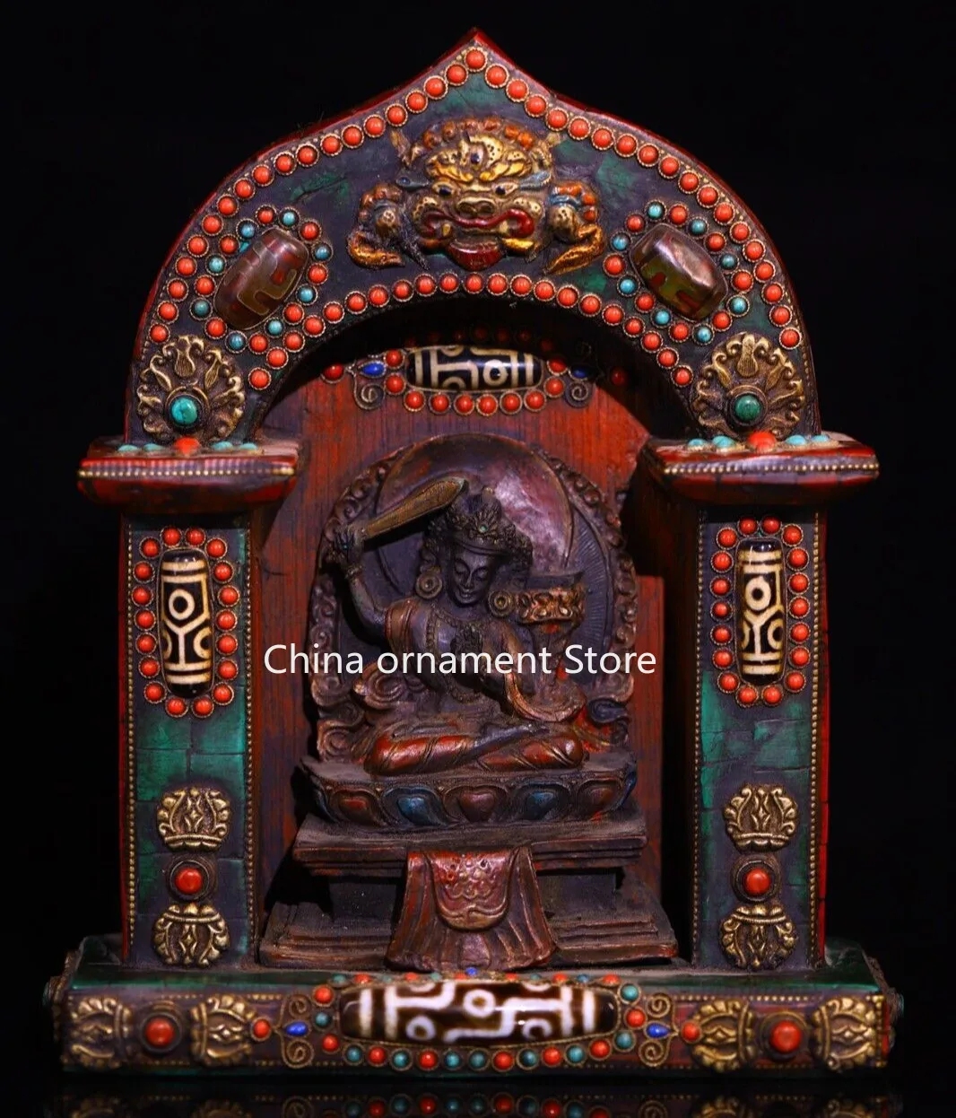 Old Tibet Buddhism Copper Gilt Painting Mahakala Wrathful Deity Buddha Statue