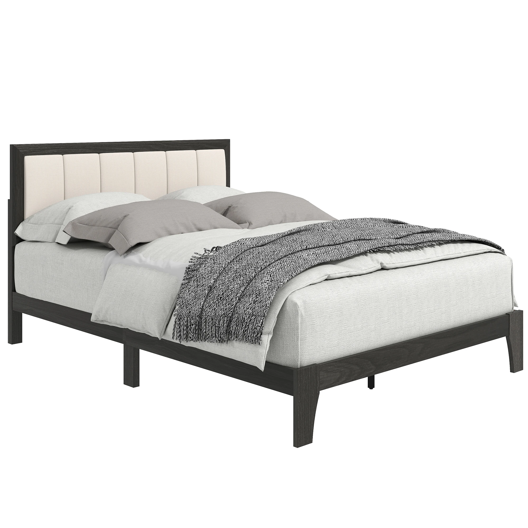HOMCOM Full Size Bed Frame with Upholstered Headboard Charcoal Gray