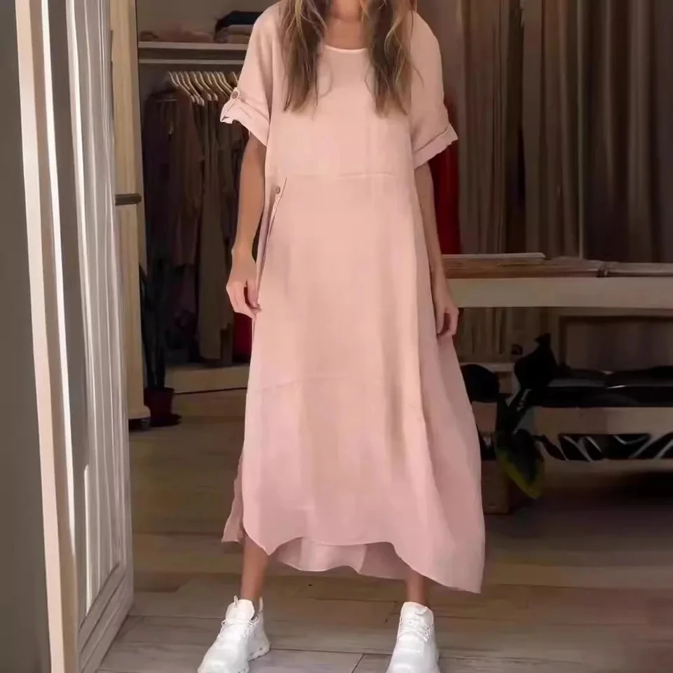 

2026 Round Neck Short Sleeve Solid Color Cotton And Linen Summer Commuting All-match Daily Dress Women's A-line Loose Long Skirt