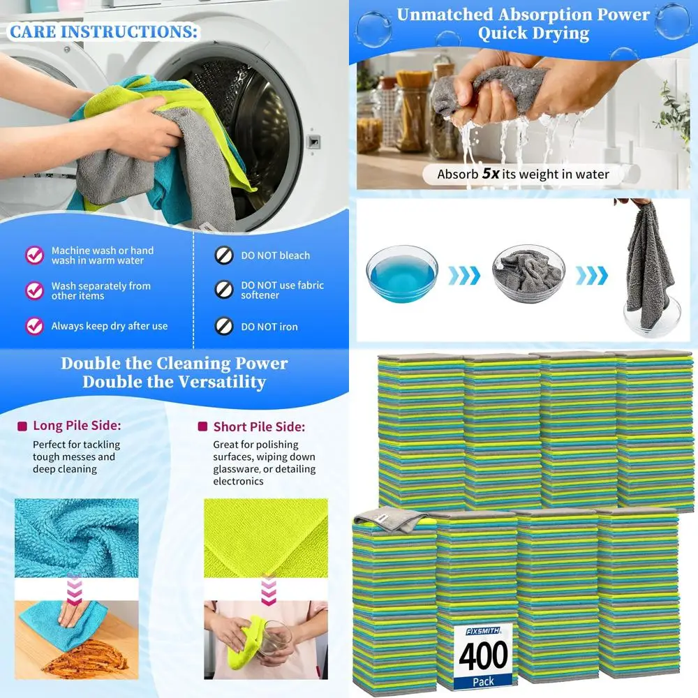 

Набор из 400 многофункциональных салфеток из микрофибры, 12x16 дюймов, высокоабсорбирующие чистящие салфетки для автомобиля, кухни, дома и офиса