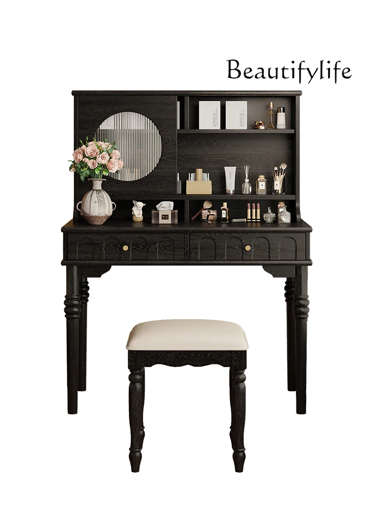 

French Retro Solid Wood Dressing Table Mid-Ancient Style Makeup Table Bedroom Ash Paint Small Dresser