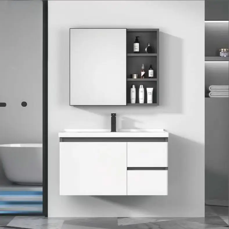 @#Modern Design Hotel Sink Cabinet Factory Direct Bathroom Vanity Set Wall Cabinet LED Touch Illuminate Mirror 3-Year Warranty