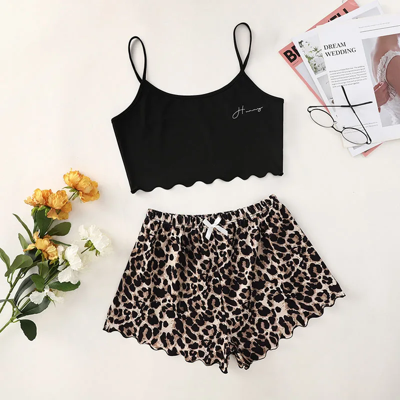 Alphabet Print Camisole Top Leopard Print Shorts Homewear Set Black Casual Loose Suspenders Women Pajamas Can Be Worn Out xl