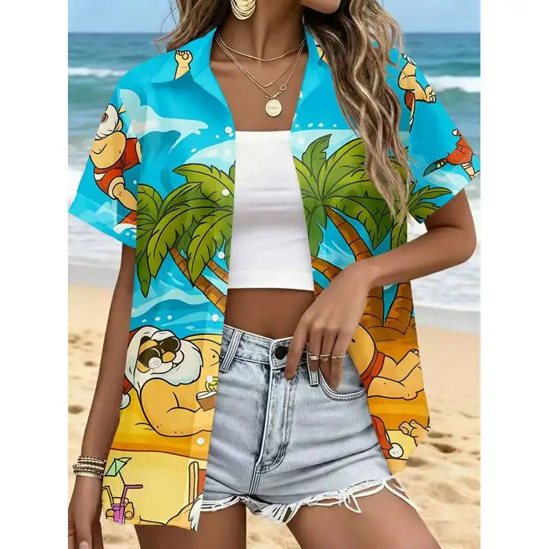 Women'S Casual Short Sleeve Shirt Santa Claus Group Tropical Beach Pattern Button-Up Top Machine Washable Fashion Summer Shirt