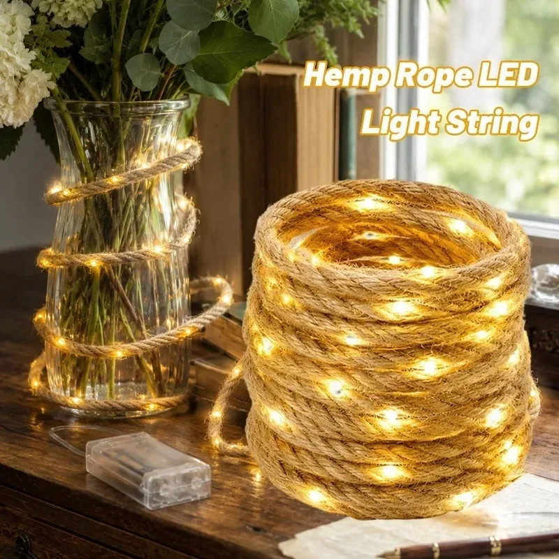 1/4Pcs Rustic Hemp Rope Fairy Lights 18m Battery Operated Warm White String Garland for Bedroom Tree Wreath Window Display Decor