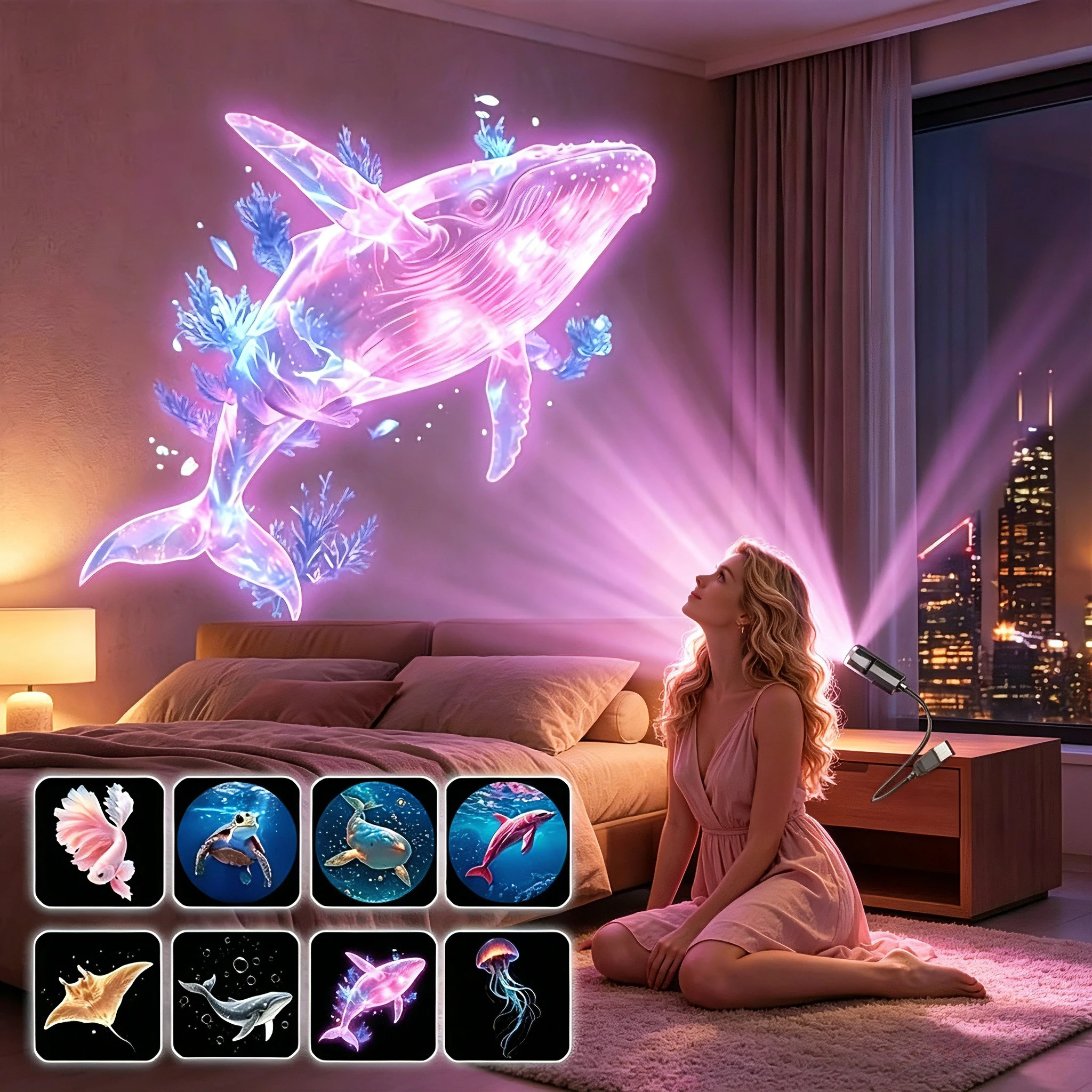 Ocean USB Projector Night Light, 8 Replaceable Lamp Sheets for Ambient Light, Home Bedroom Ceiling Projector Light
