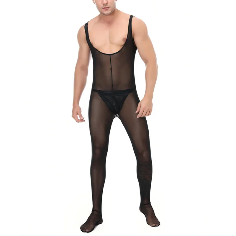 Canottiere da uomo sexy Maglia trasparente Pagliaccetti interi Body Gay Fetish Lingerie Tuta intera Body senza maniche Indumenti da notte