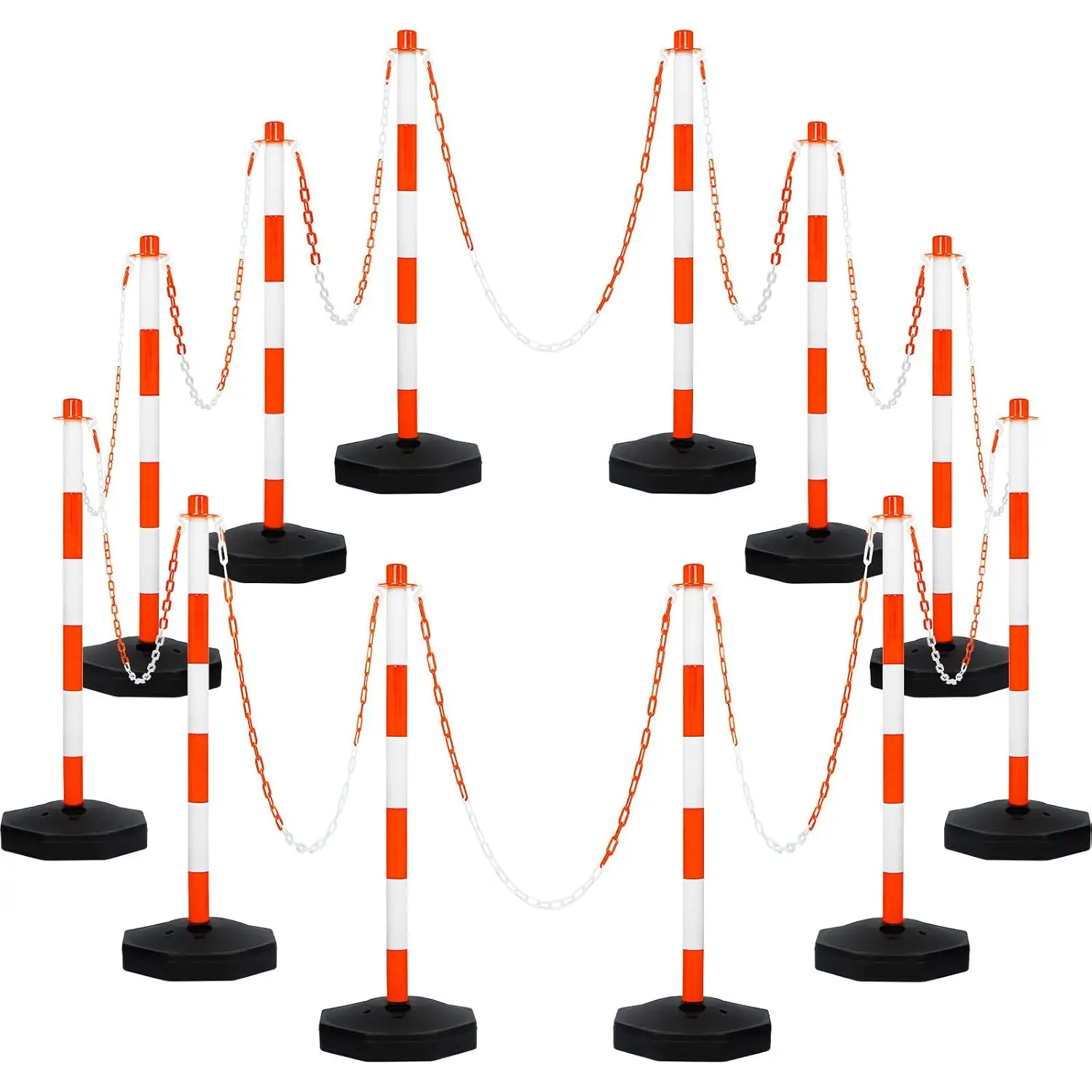 Orange 12 Packs Traffic Delineator Post Cones with Fillable Base 6.6 Ft Link Chain S Hooks UV Resistant Plastic Stanchion Set Parking Lot Construction