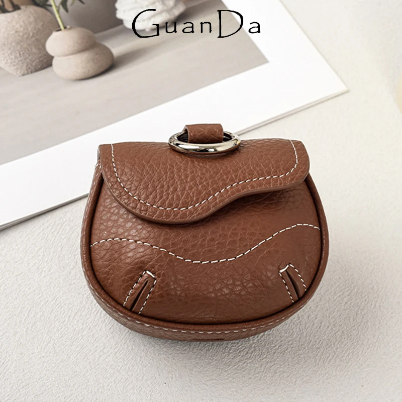 

Cowhide Mini Luxury Earphone Bag Woman Man Portable Coin Purse With Keychain Genuine Leather Fashion Key Wallet Earphone Case