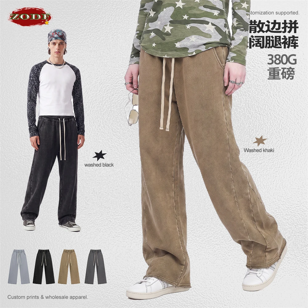ZODF Vintage Men 380gsm Solid Straight Cotton Pants Unisex Loose Edge Distressed Knitting Trousers Brand Design HY1313