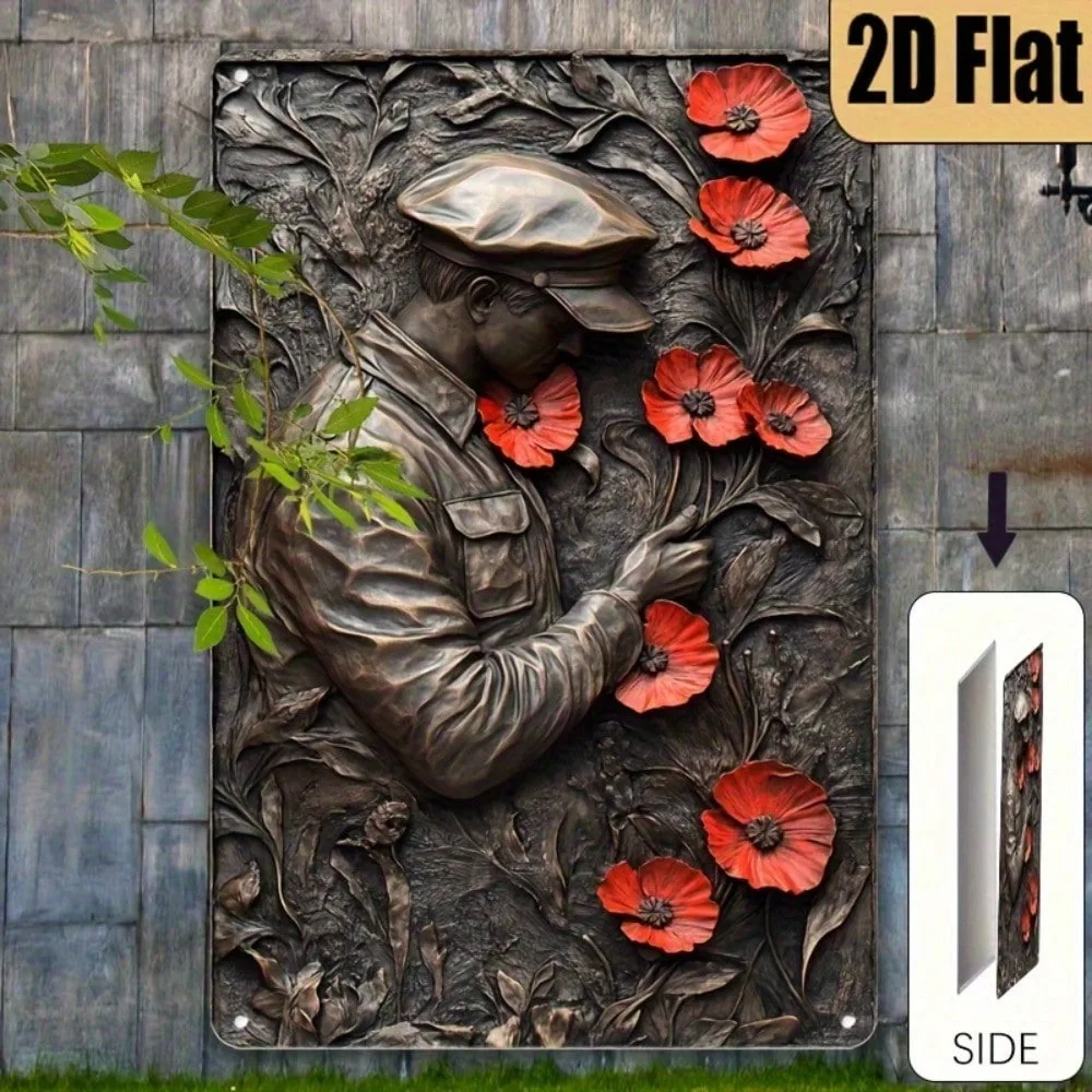Vintage 3D Effect Soldier with Red Poppies Remembrance Metal Tin Sign Retro Memorial Wall Art Decor Plaque for Outdoor Garden Ya