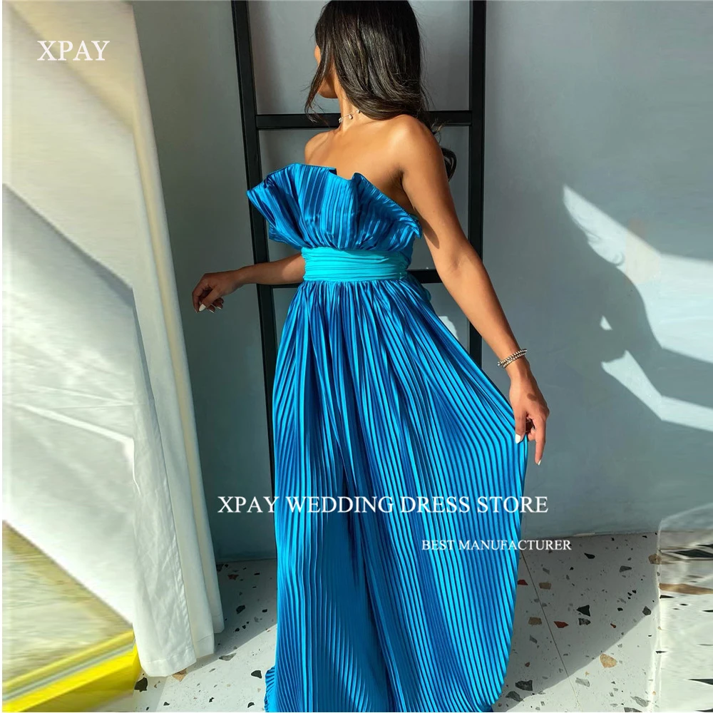 

XPAY Blue Draped Evening Dresses Saudi Arabic Women Strapless Floor Length Formal Part Dress Prom Gowns Occasion Vestidos 2024