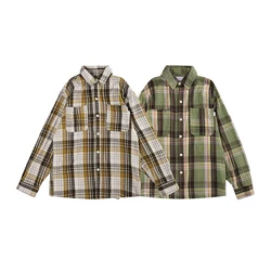 2023New Men American Style Plaid Spring Autumn Cotton Outerwear Vintage Long Sleeve Shirt