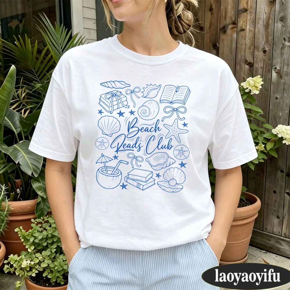 Camiseta de algodón de manga corta para mujer de Beach Reads Club, top informal de moda de verano para regalo de vacaciones, ropa de mujer