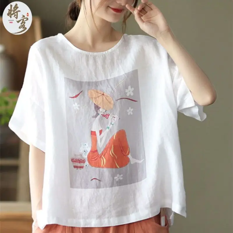 Women Summer Elegant Loose Printing Fashion Cotton and Linen O-neck Short Sleeve T-Shirt Women Clothes Trend All-match Thin Tops