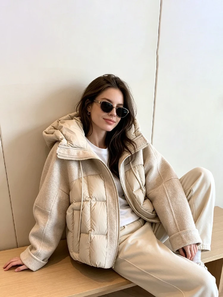 Women Mixed Fabric Spliced Puffer Jacket Hooded Drawstring Zip Up Long Sleeve Quilted Warm Cropped 2026 New Ladies Outerwear