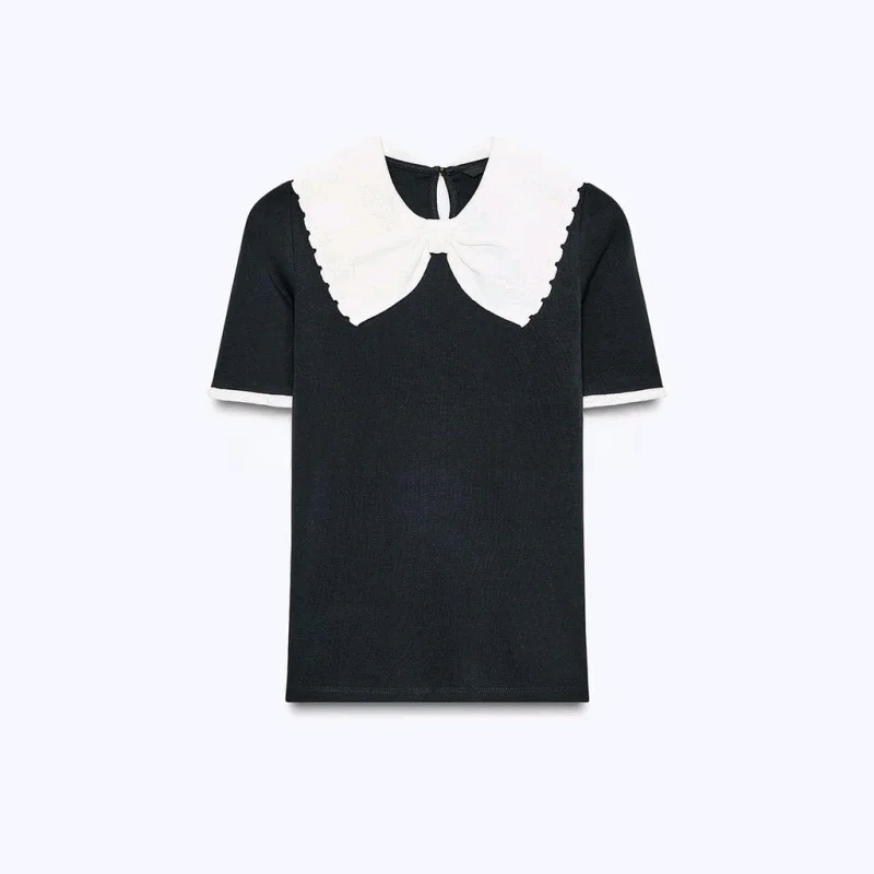 تي شيرت نسائي شتوي بلون بلو مع ياقة ort Sve نسيج بوليستر تصميم كاجوال بعقدة مقاس 56449