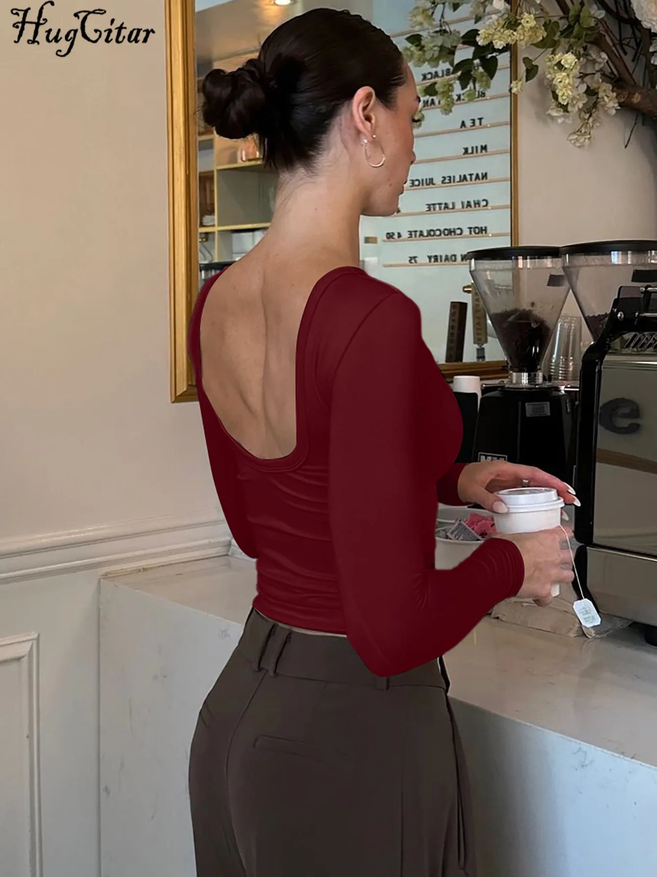 Hugcitar المرأة الأزياء الصلبة س الرقبة عارية الذراعين كم طويل مثير سليم المحاصيل تي شيرت أعلى الخريف عارضة الزي حزب مهرجان نادي