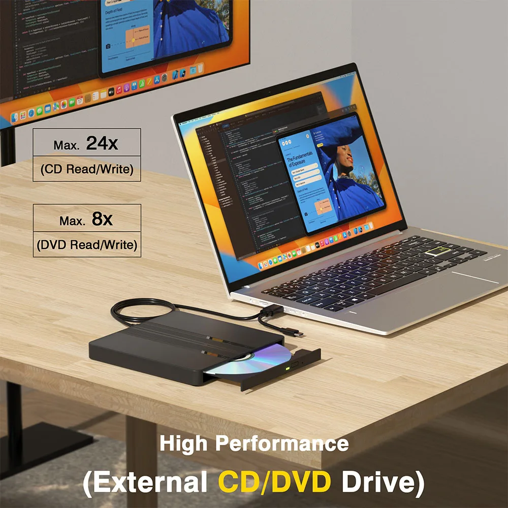 USB3.0 External CD/DVD Drive for Laptop,CD Player for PC with Extended Data Cable,CD Burner DVD Reader for Windows Mac OS