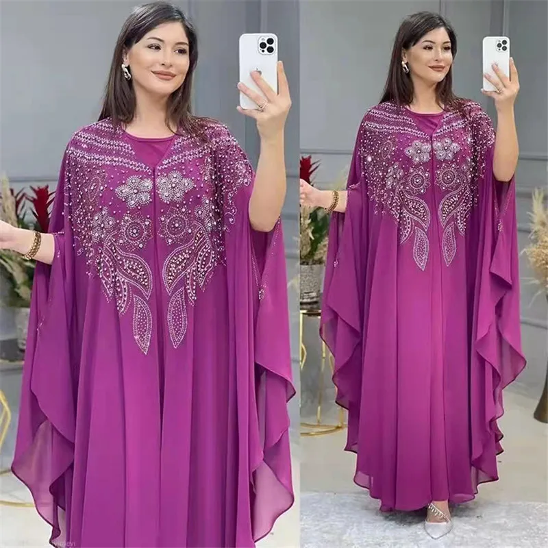 African Dresses for Women Chiffon Beads Abaya Moroccan Kaftan Muslim Dress Dubai Turkey Caftan African Ankara Dashiki Robe Set