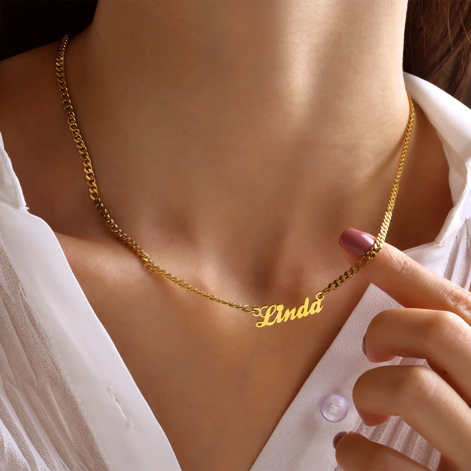 Vnox Custom Name Necklaces for Women, Gold Plated Stainless Steel Nameplate Pendant with Box Cuban Paperclip Chain, Gift for Her