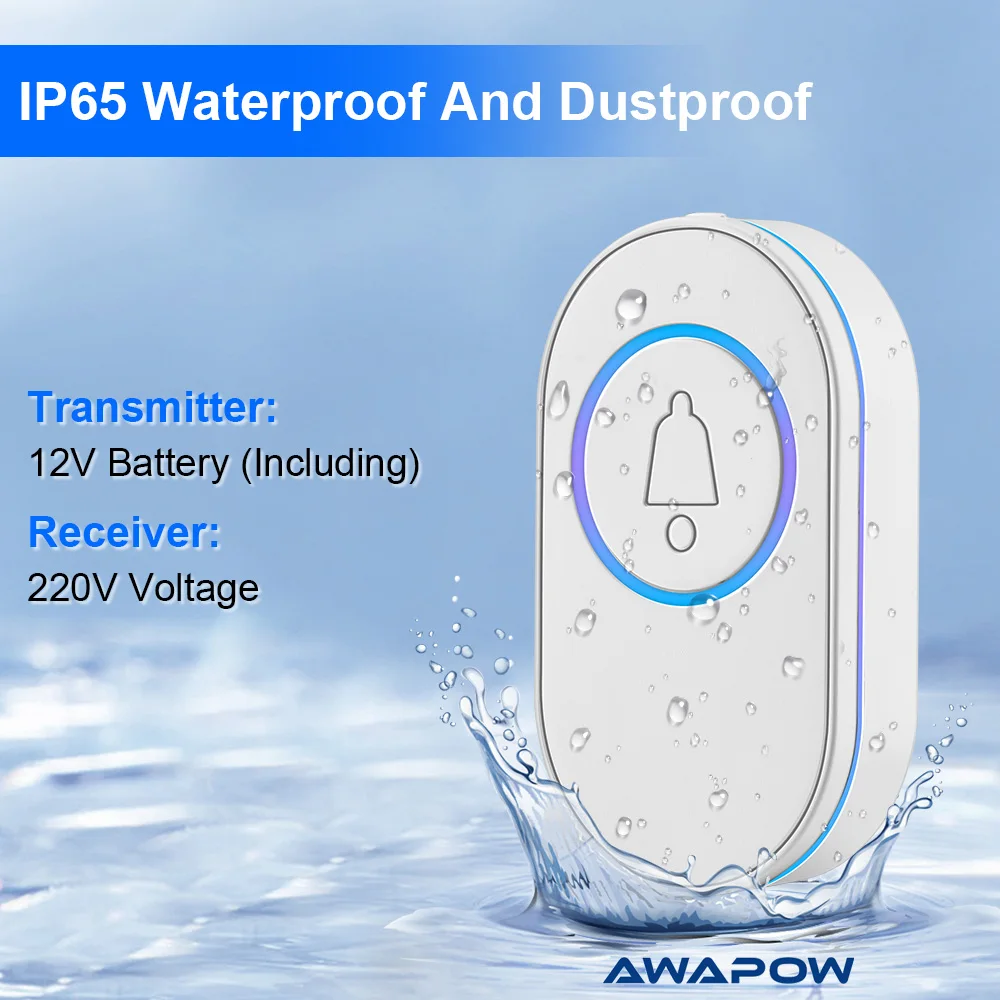 Awapow-Wireless Smart Home Doorbell, Outdoor Door Bell, IP65 impermeável, 39 toque, 4 Volume, ajustável LED flash alarme de segurança