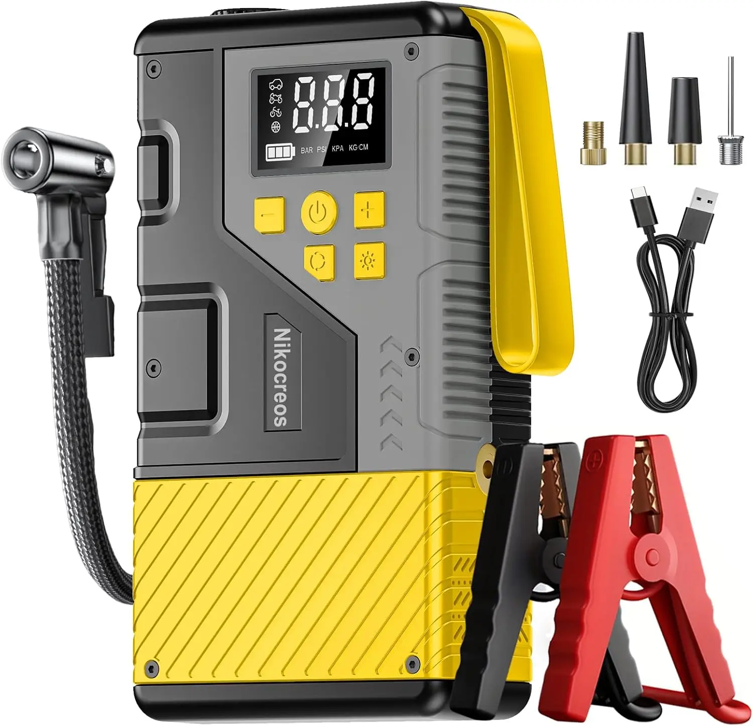 

Portable Car Jump Starter with Air Compressor, 3000A Peak & 150 PSI Max for 12L Gas/10L Diesel Engines, LCD Display, LED Light