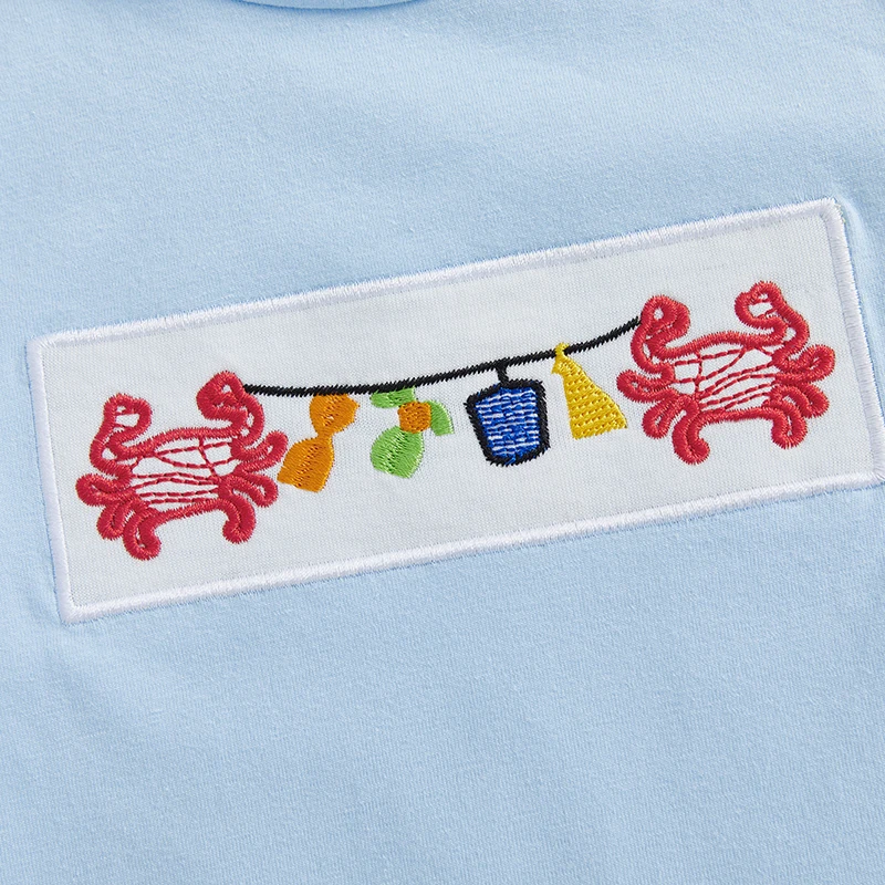 Летняя одежда для маленьких мальчиков, футболки с вышивкой краба и круглым вырезом, клетчатые шорты с эластичной резинкой на талии, комплект одежды из 2 предметов