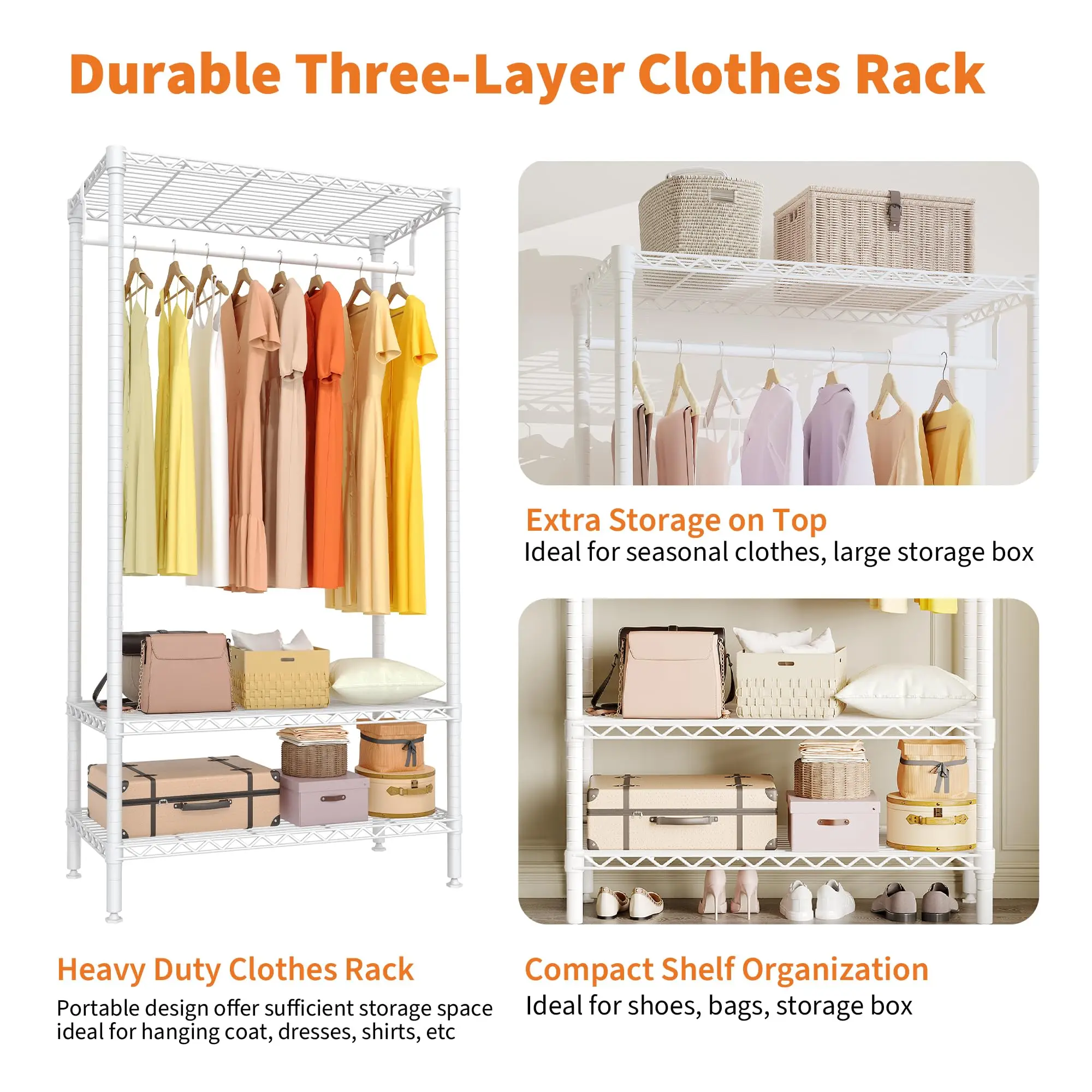 HAUSPROFI Freistehender Kleiderständer, 45 cm T x 90 cm B x 173 cm H, Weiß, Verstellbarer 3-stufiger offener Organizer-Kleiderschrank, Hochbelastbar