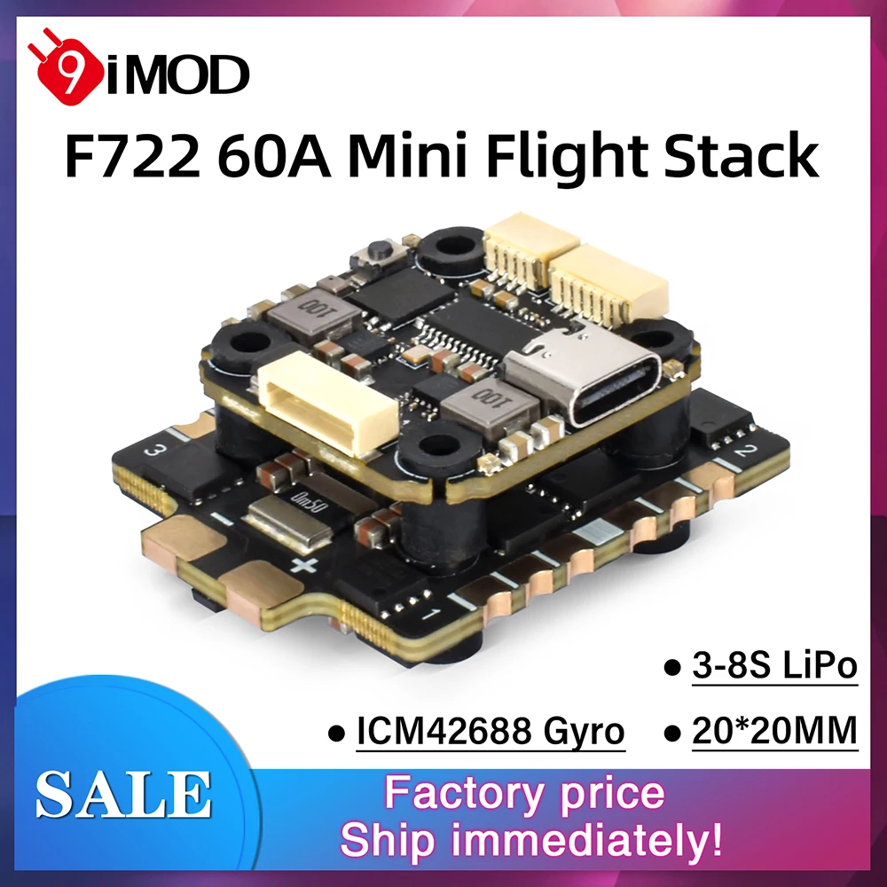 

9IMOD F722 Mini Flight Stack F722 FC 60A ESC 3-8S 20x20mm With Gyro For RC FPV Racing Drone