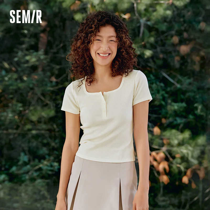 

Женская футболка Semir с квадратным вырезом и коротким рукавом, однотонная, лето 2023, новый охлаждающий повседневный топ