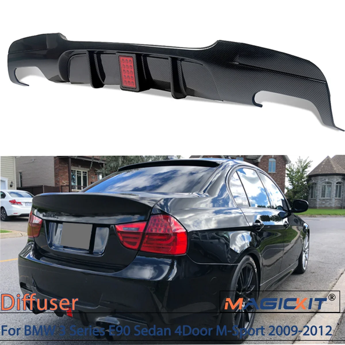 MagicKit Quad Exhuast Rear Diffuser Spoiler for BMW 3 Series E90 Sedan  M-Sport 2009 2010 2011 2012 328i 335i Carbon Look CAR