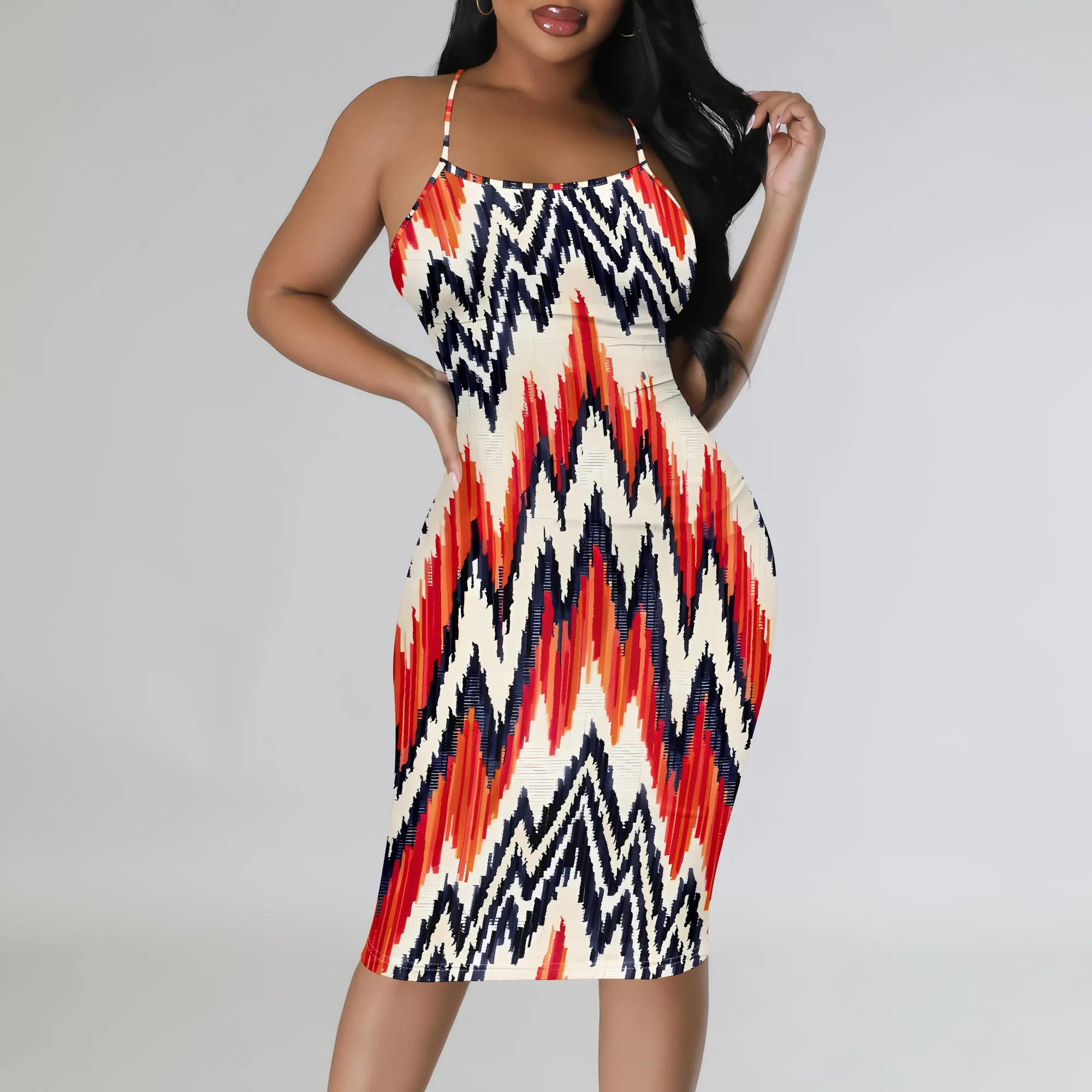 

Nupusa Zigzag Print Dress for Women Summer Fashion Spaghetti Strap Bodycon Dress