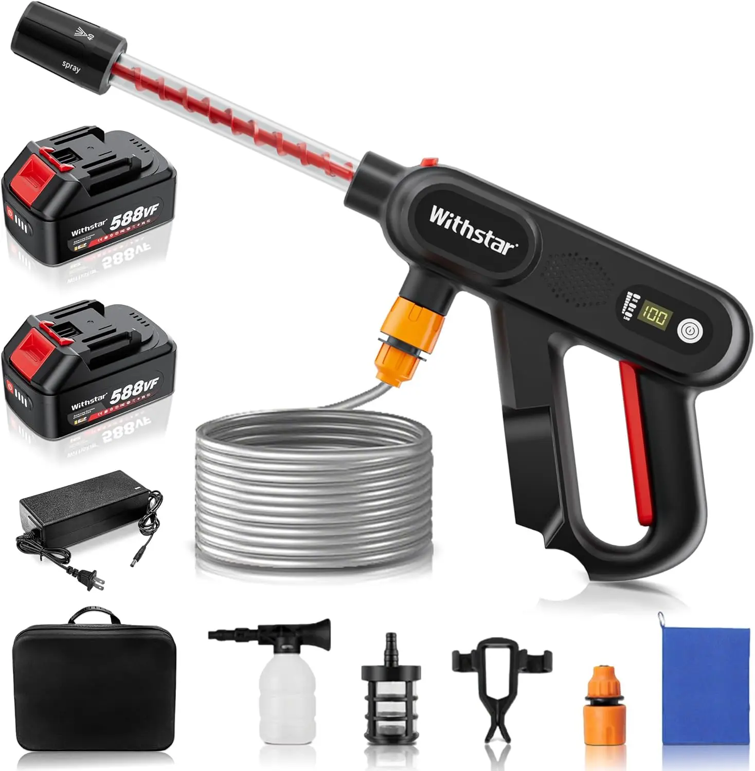 

Портативная беспроводная мойка высокого давления с 2 аккумуляторами 3 Ач, многофункциональной насадкой, для уборки автомобилей, пола, патио и сада (черный и