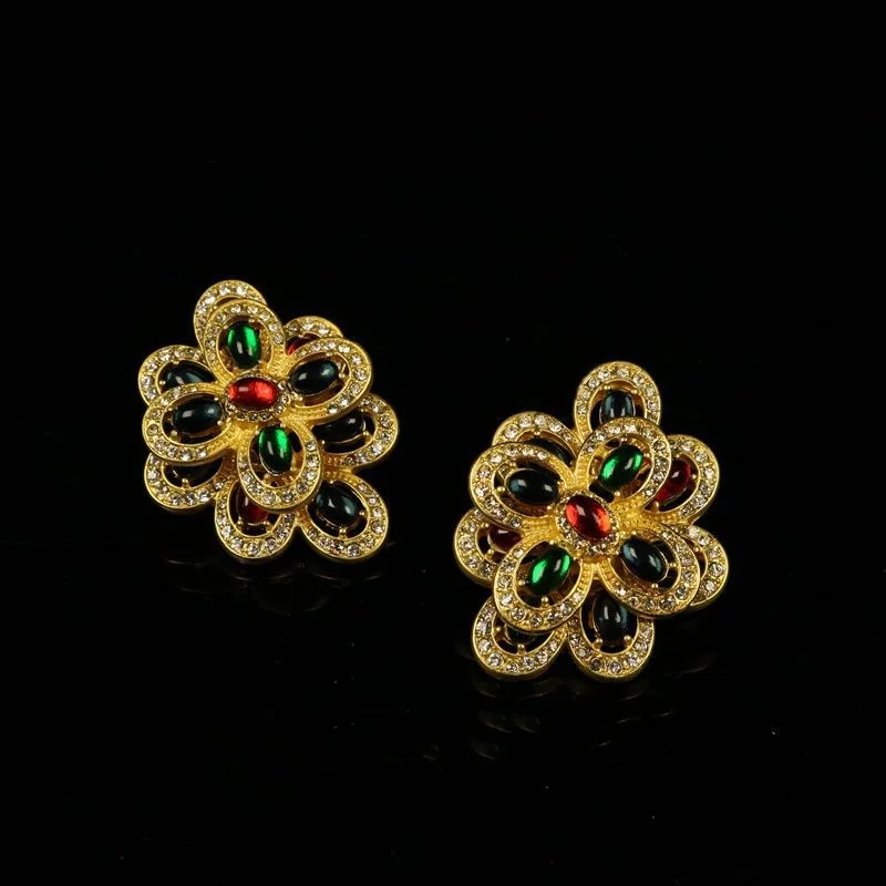 Inlaid with double flowers colored glass inlaid earrings with temperament light luxury heavy industry accessories
