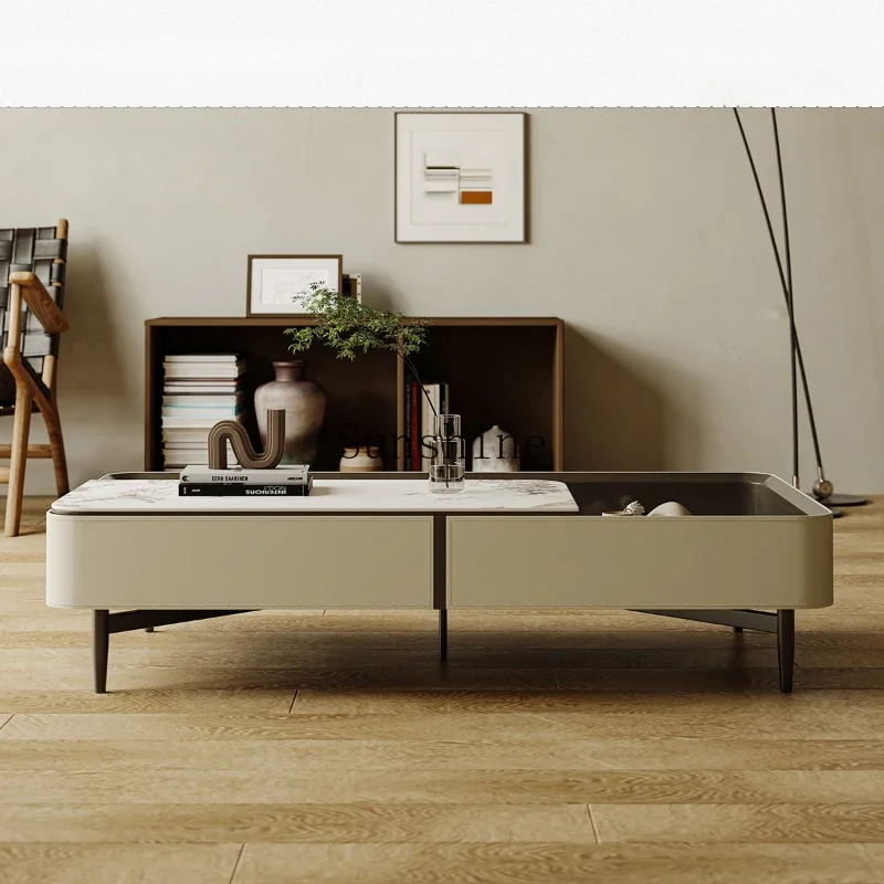 

Saddle leather rectangular coffee table modern minimalist small apartment foldable living room high-end rock slab lift