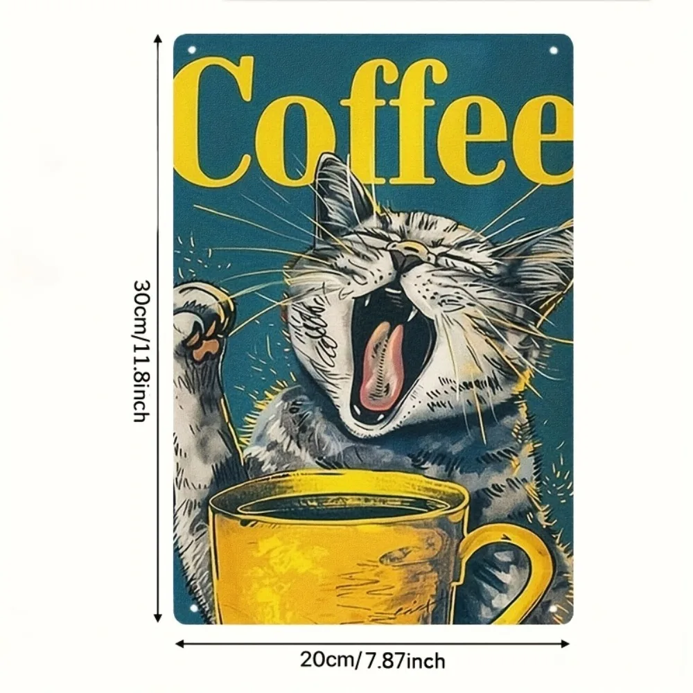 Vintage Coffee Cat Metal Sign, Sleeping Kitten & Beans Design 8x12 Inch for Bedroom, Cafe & Cat Lover Gift