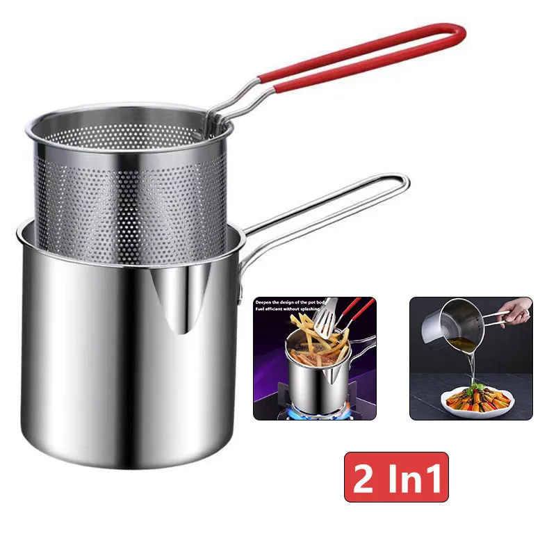 Kitchen Deep Frying Pot 304 Stainless Steel Kitchen Fryer With Strainer Tempura Fryer Pan Chicken Fried Chicken Cooking Tools