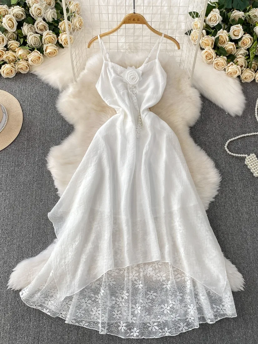 Foamlina Fairy Dress Womens White V Neck Strappy Sundress Ethereal Unique Maxi Dress Asymmetrical Hem Vintage Dress