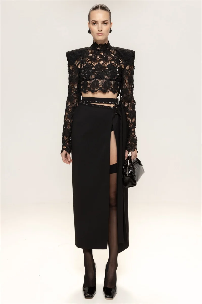 

Black Lace Prom Dress Sexy 2 Pcs Skirt Set Top Bra+Party Gown Belted Casual Hot Girl High Neck Formal Guest Birthday Robe