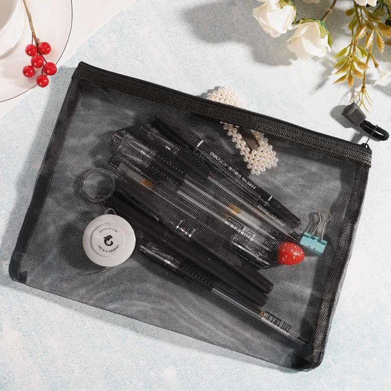 Imagem -06 - Black Mesh Zipper Pouch Maquiagem Bolsas Cosmetic Travel Organizer Pencil Case 12 Pcs