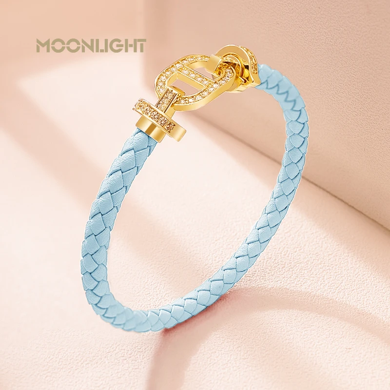 MOONLIGHT Fashion Classic Pig Nose Shape Leather Braided Bracelet for Women Cubic Zirconia Bracelet Hand-woven Jewelry Gifts