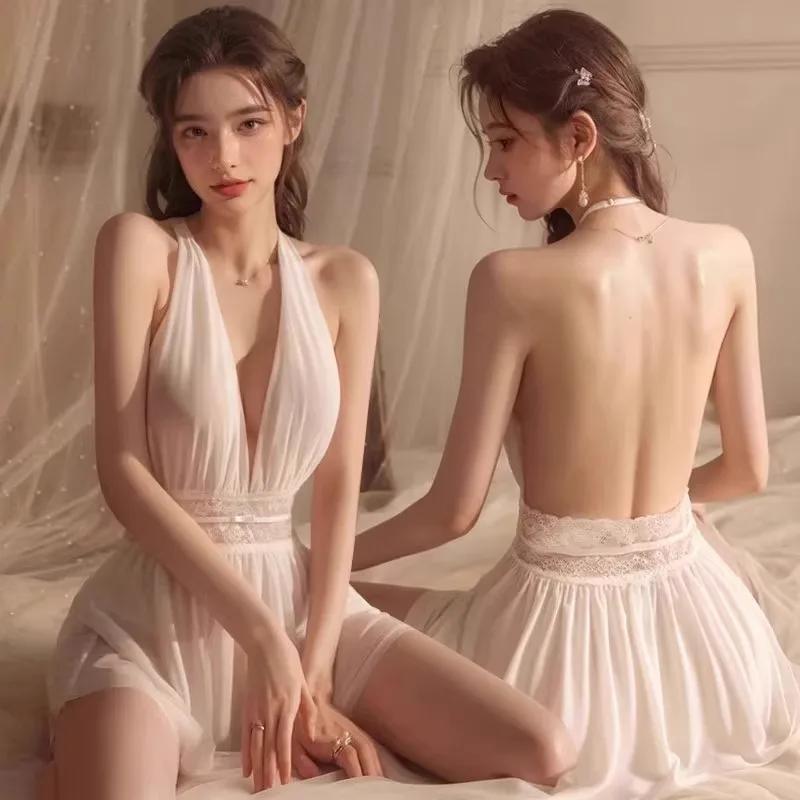 Sexy pajamas premium French mesh lace halter nightdress