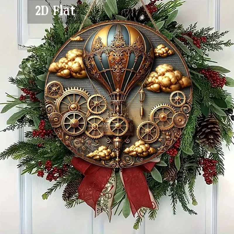 2D Flat - 1pc Steampunk Style Wood Panel Painting, Hot Air Balloon Wooden Panel Wall Decoration, Vintage Decor Round Wooden Deco