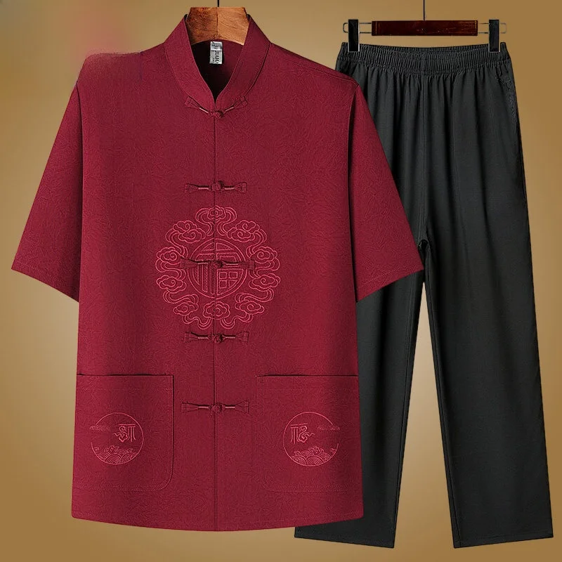 tucano-summer-ice-silk-short-sleeve-men's-set-middle-aged-and-elderly-summer-clothes-dad-red-two-piece-set-chinese-style-tang