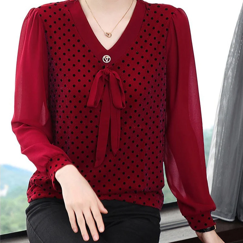 

Spring New Polka Dot Printing Pullovers Long Sleeve V Neck Loose Solid Color T Shirt Tops Casual Fashion Women Clothing