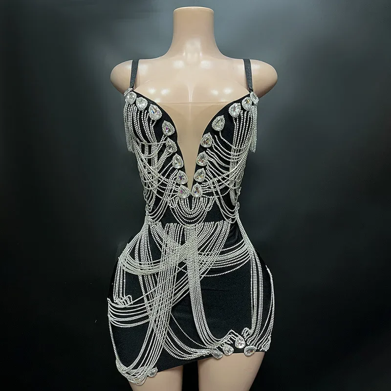 女性のための光沢のある真珠のラインストーンのドレス,豪華なシルバー,ステージ,才能,パフォーマンス,セクシー,誕生日,お祝い,パーティー