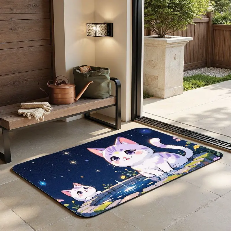 

MatMuse Cat at Night со звездами, мягкий коврик с диатомовой землей, напольные коврики, нескользящий быстросохнущий входной ковер с мультяшной анимацией