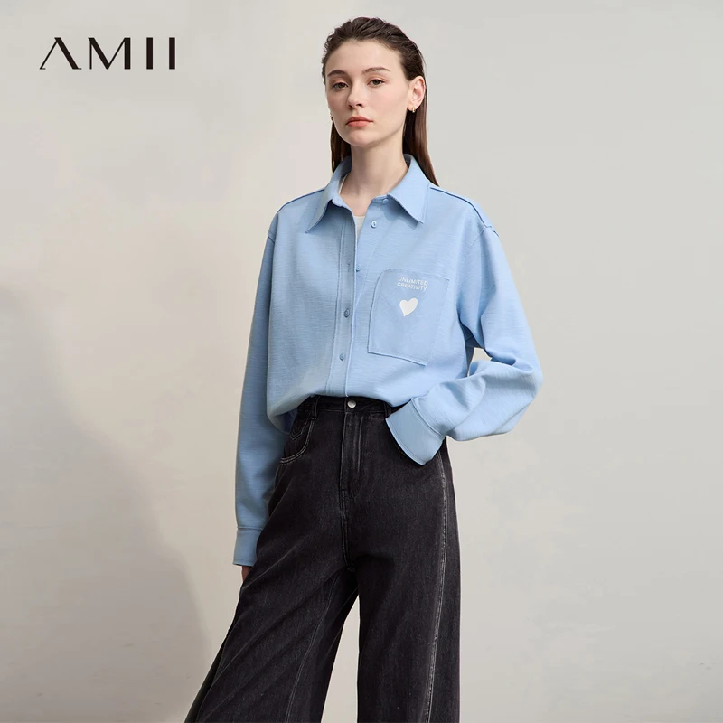 AMII قميص نسائي 2025 خريف جديد عادية مطبوعة تنوعا المرأة بلوزة طويلة الأكمام فضفاضة الحياكة قطنية عالية الجودة Female12543174